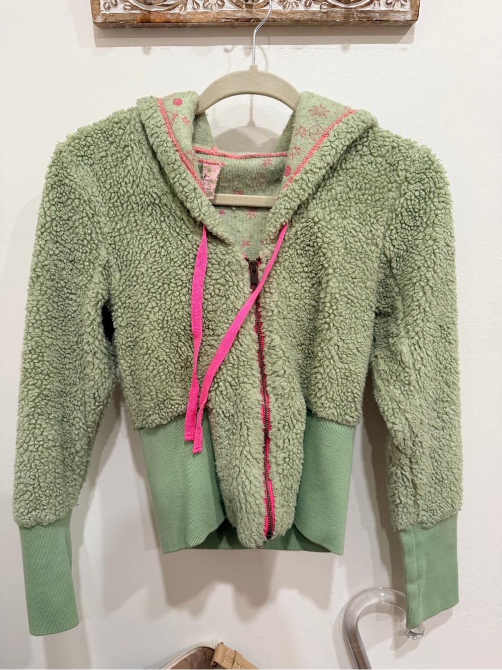 Free People Green Sherpa Hoodie with Pink Accents